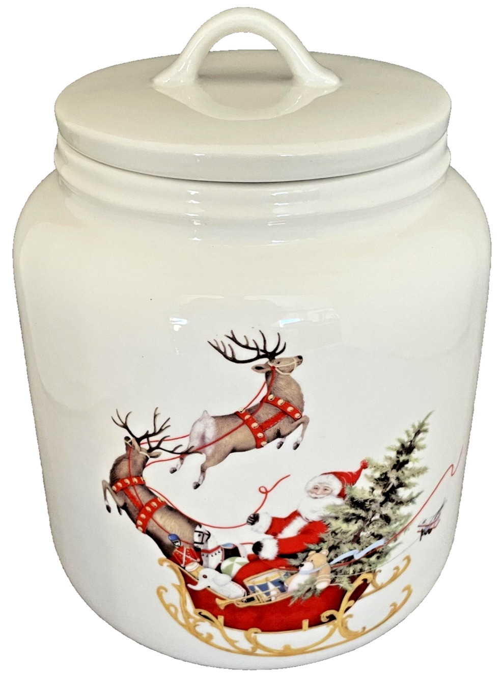 Creative Co-Op Stoneware Santa Sleigh Cookie Jar Canister Christmas Decor White